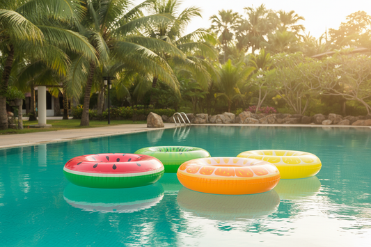 Bouées gonflables fruits — ambiance piscine estivale