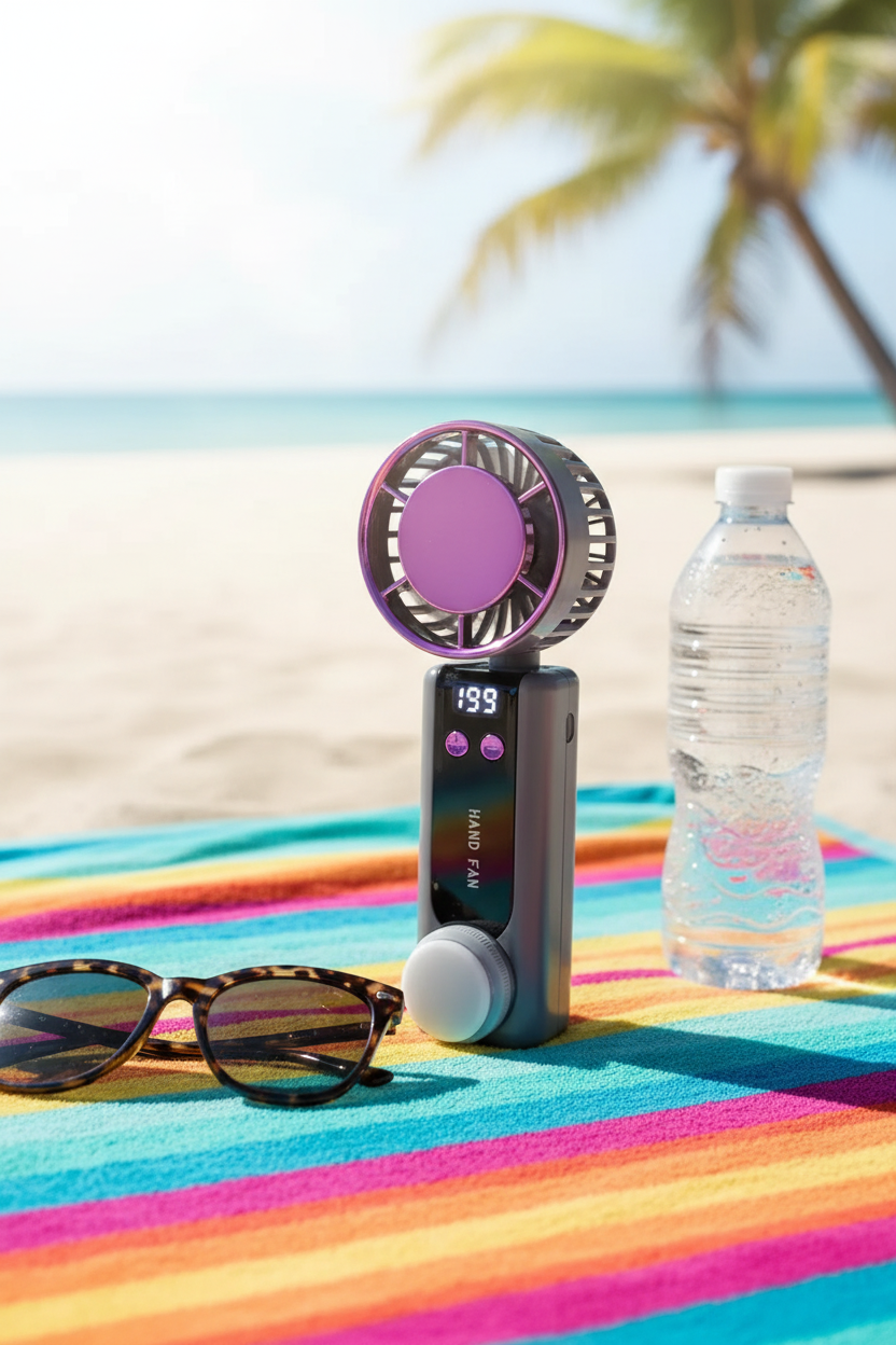 Mini ventilateur FreshBreeze Pro posé sur un tapis de plage en été