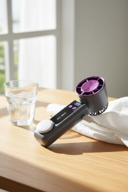 Mini ventilateur FreshBreeze Pro dans une ambiance estivale naturelle