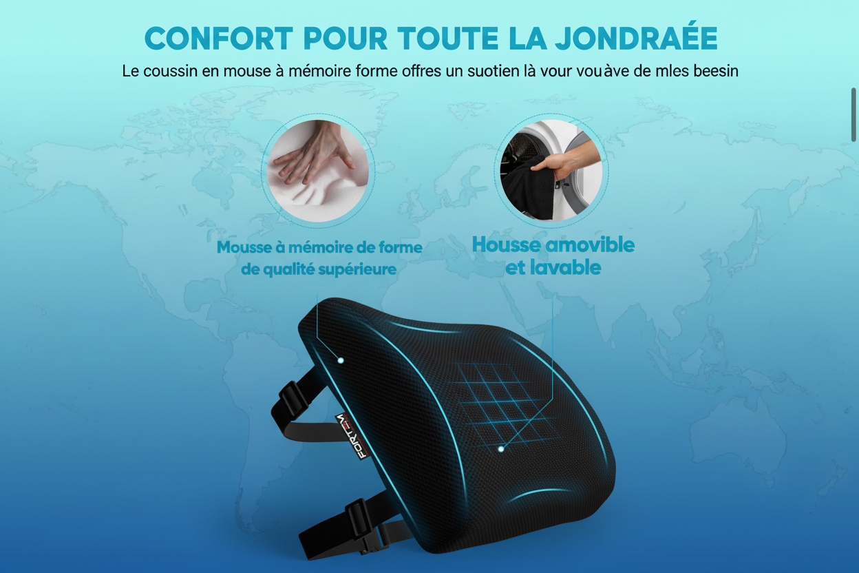 Infographie coussin lombaire - fond dégradé bleu/cyan
