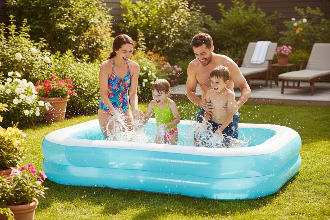Piscine ambiance famille jardin